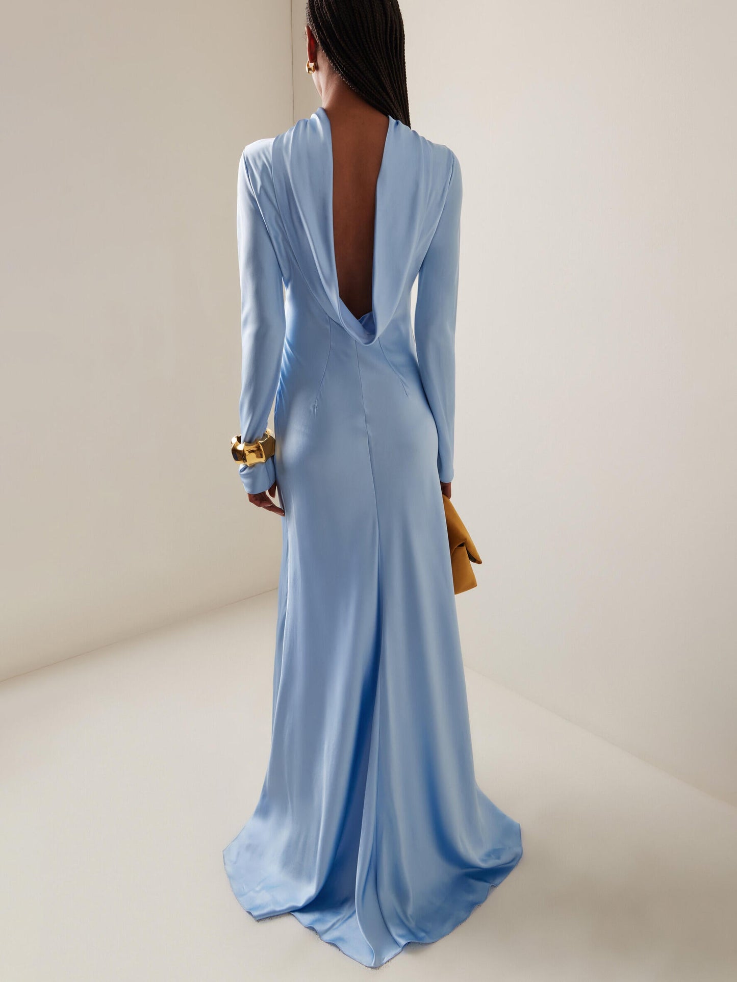 Satin Sky Blue Open-Back Long-Sleeved Maxi Dress for Elegant Evening Wear