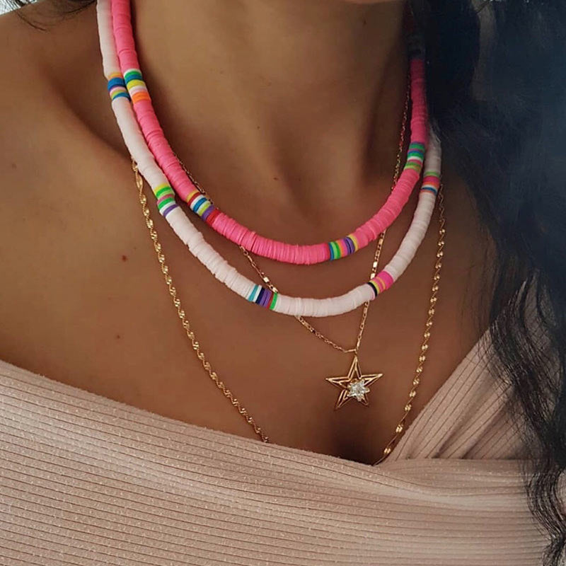 Boho Polymer Clay Necklace Colorful Disc Beads