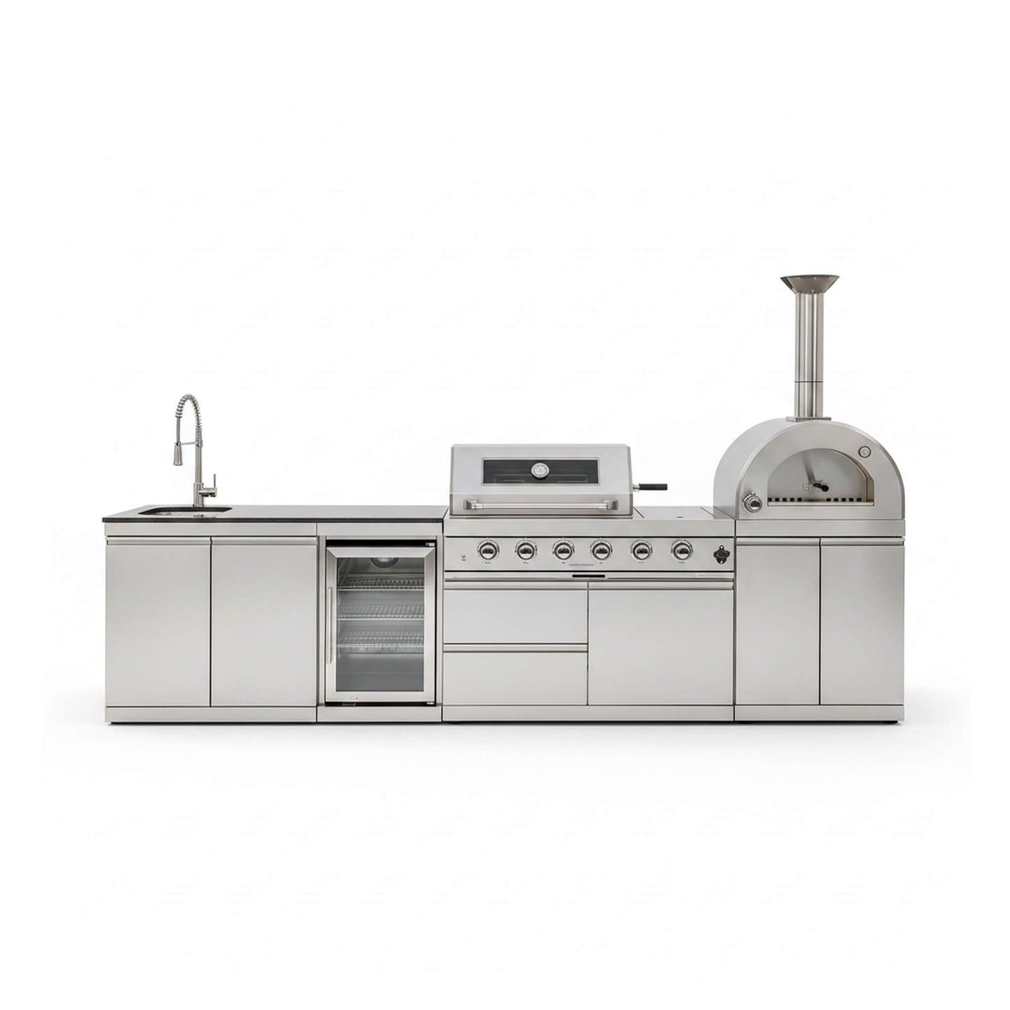 Blazon 125-Inch 4-Burner 108K BTU Outdoor Kitchen Island With Pizza Oven, Rotisserie & Refrigerator (SAK55768)