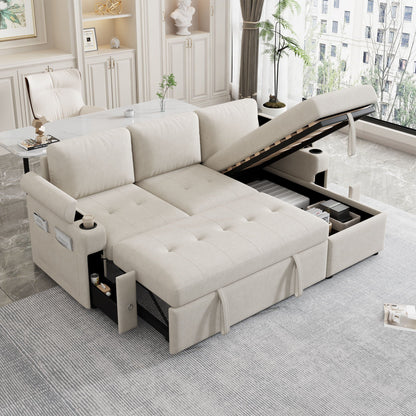 Convertible L Shaped Sofa Couch With Storage, Cup Holders, USB Ports