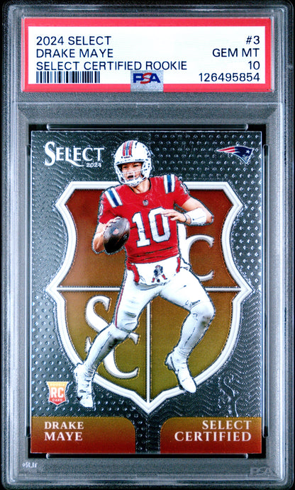 Graded 2024 Panini Select Drake Maye #3 Select Certified Rookie RC Football Card PSA 10 Gem Mint