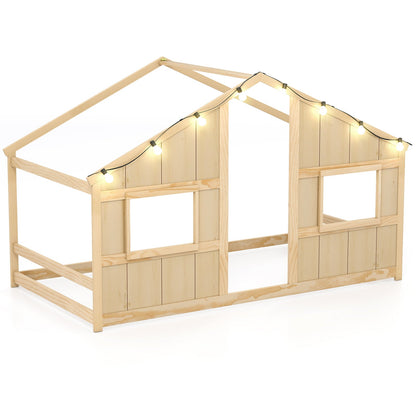 Twin Size House Bed with LED Lights Montessori Slat-free Floor Bed
