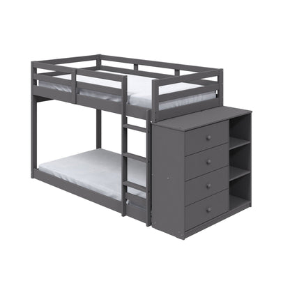 Gaston - Bunk Bed Twin Over Twin With 4 Drawers & 3 Compartments - Gray