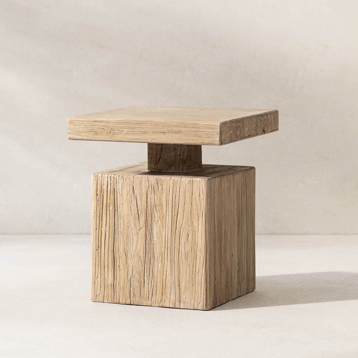 Calder 18' Solid Square Reclaimed Elm Block Plinth Side Table, Heritage Light Natural Brown