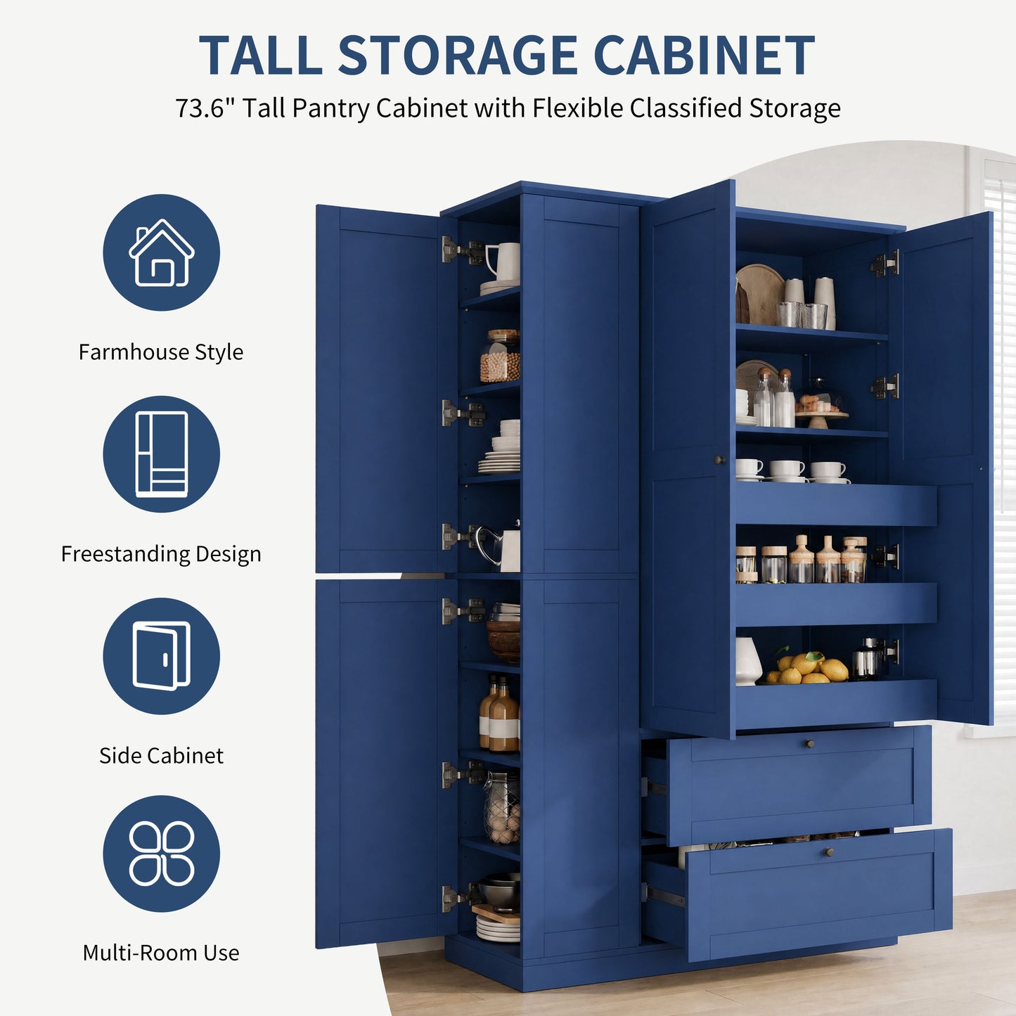 TOPMAX 73.6" Tall Farmhouse Kitchen Pantry Cabinet with 8 Shelves