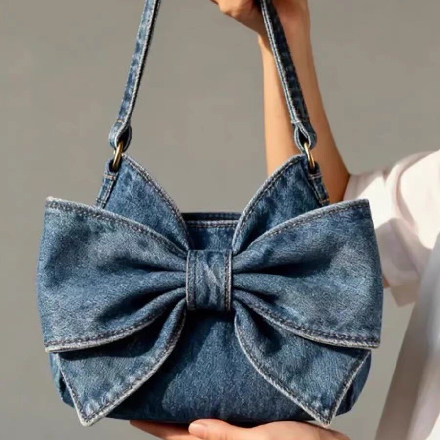 Large-Capacity Denim Crossbody Bag With Bow