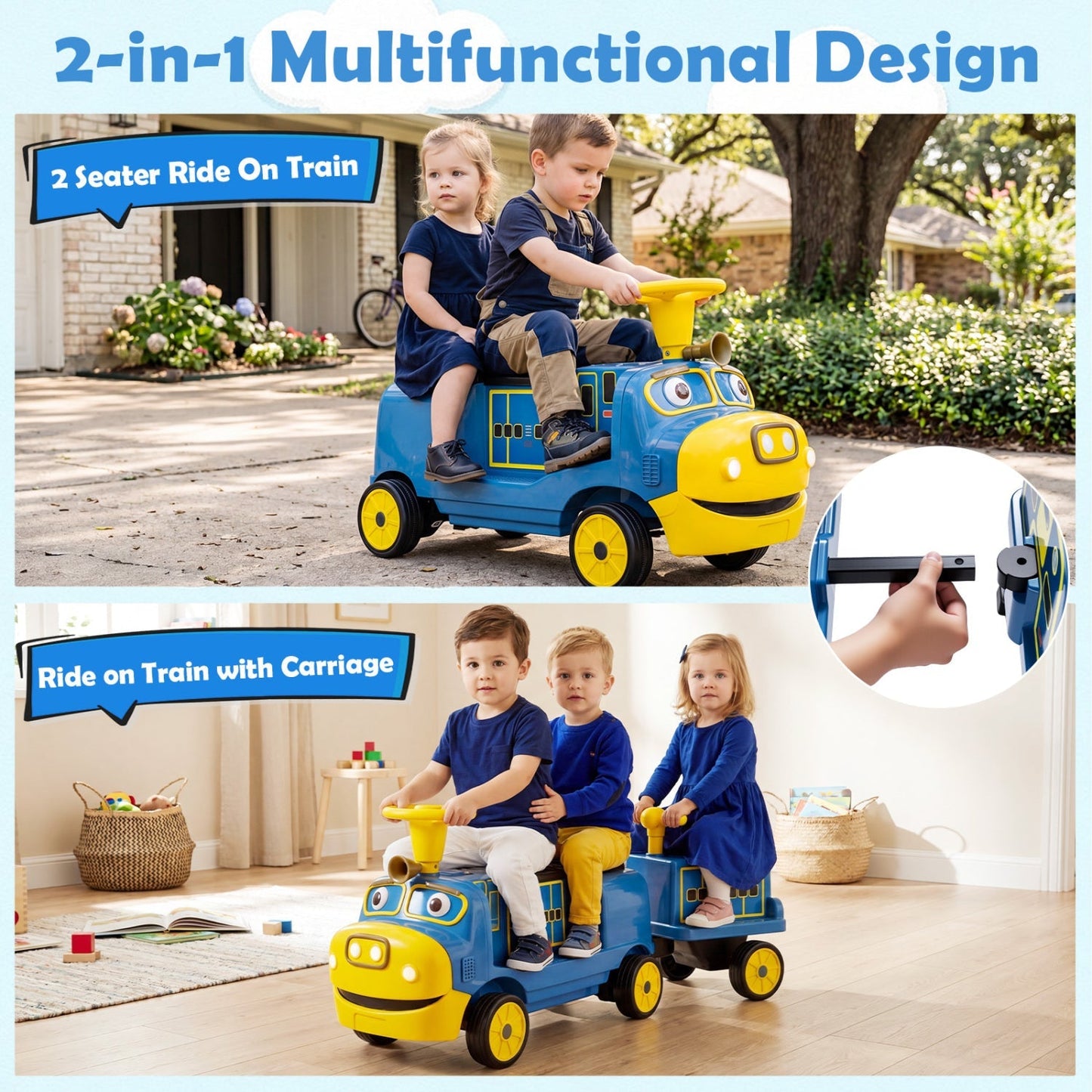 12V Kids Ride-On Train 3-Seater with Detachable Carriage