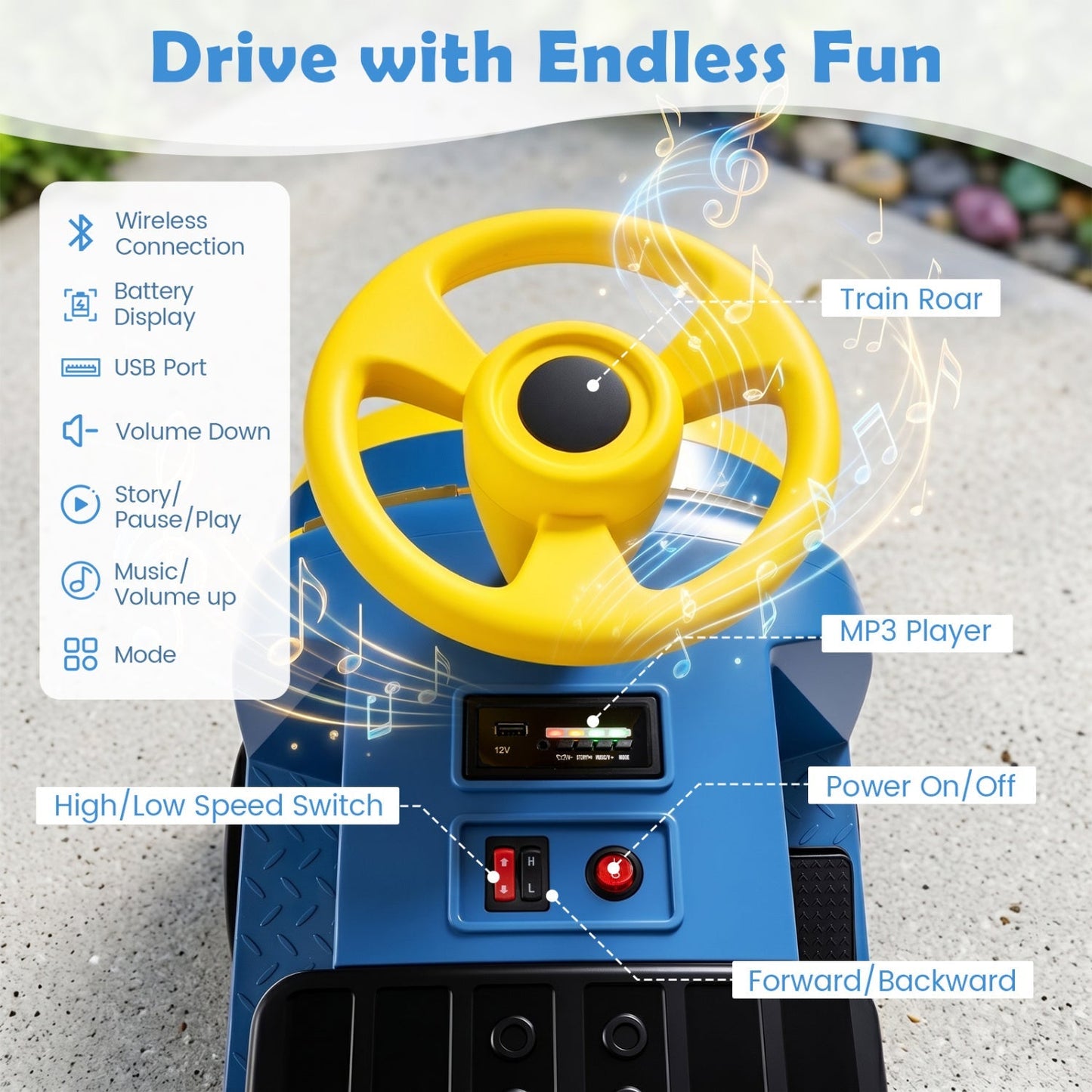 12V Kids Ride-On Train 3-Seater with Detachable Carriage