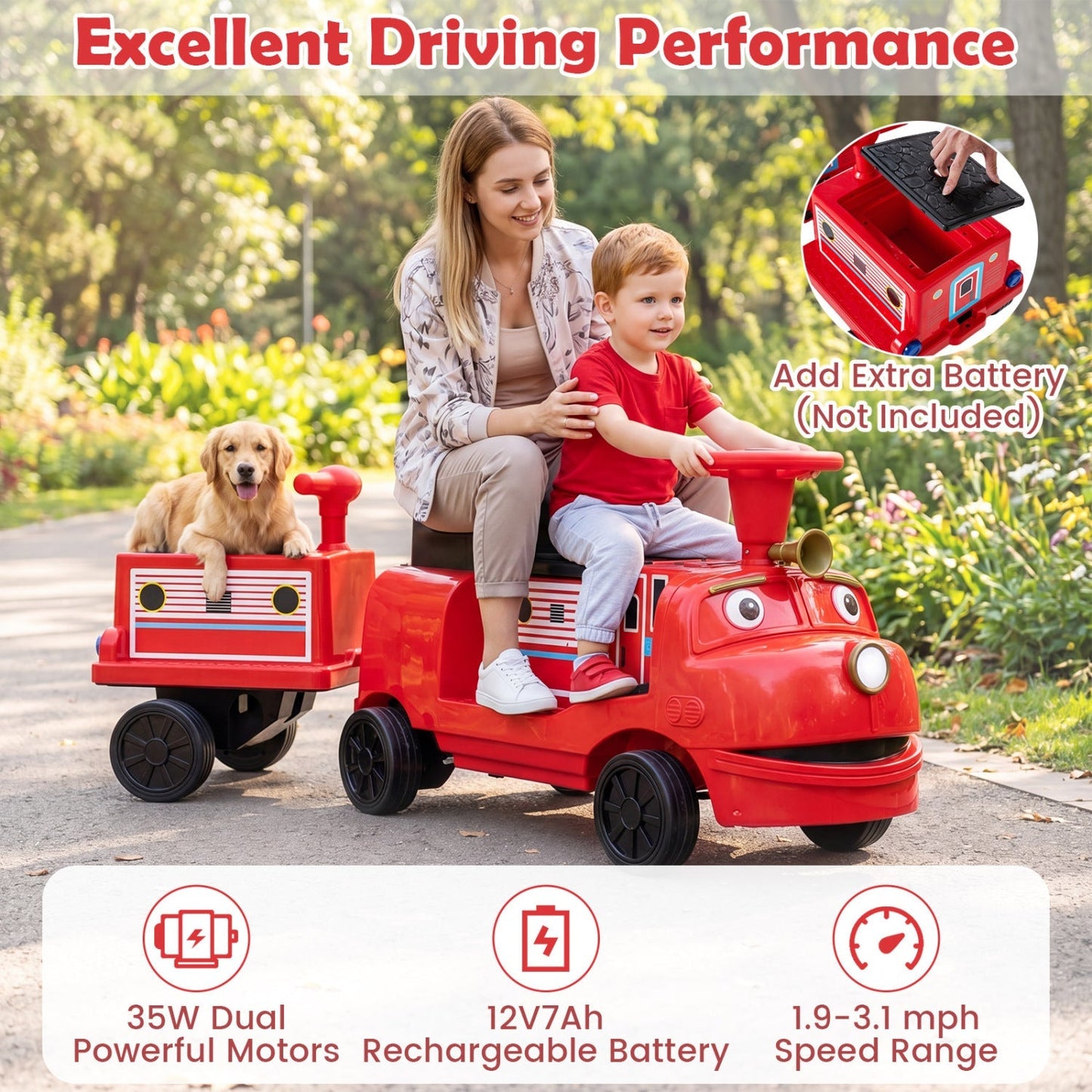 12V Kids Ride-On Train 3-Seater with Detachable Carriage