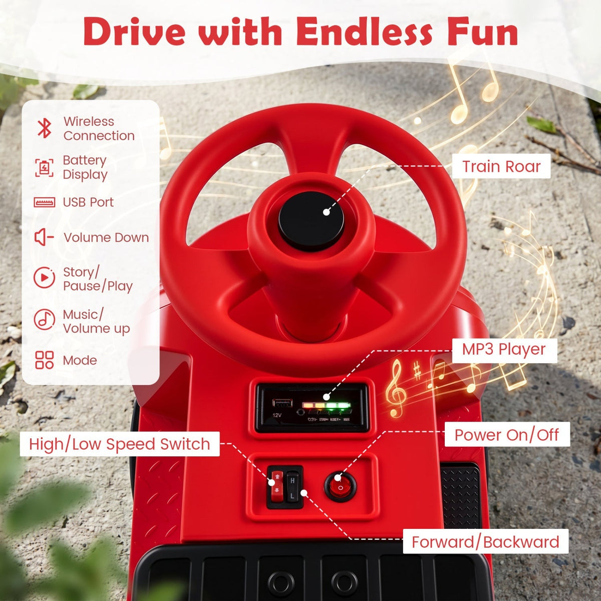 12V Kids Ride-On Train 3-Seater with Detachable Carriage