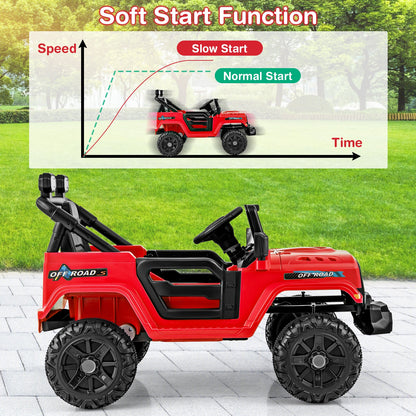 12V Kids Ride on Truck Car with Remote Control Threaded Wheels and 3 Speeds-Red