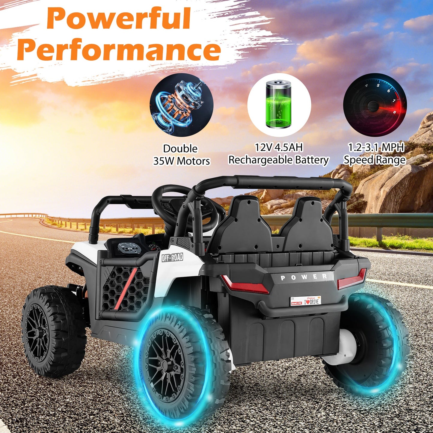 12V Kids Ride on Truck Off-Road UTV with Parental Remote and Lights-White