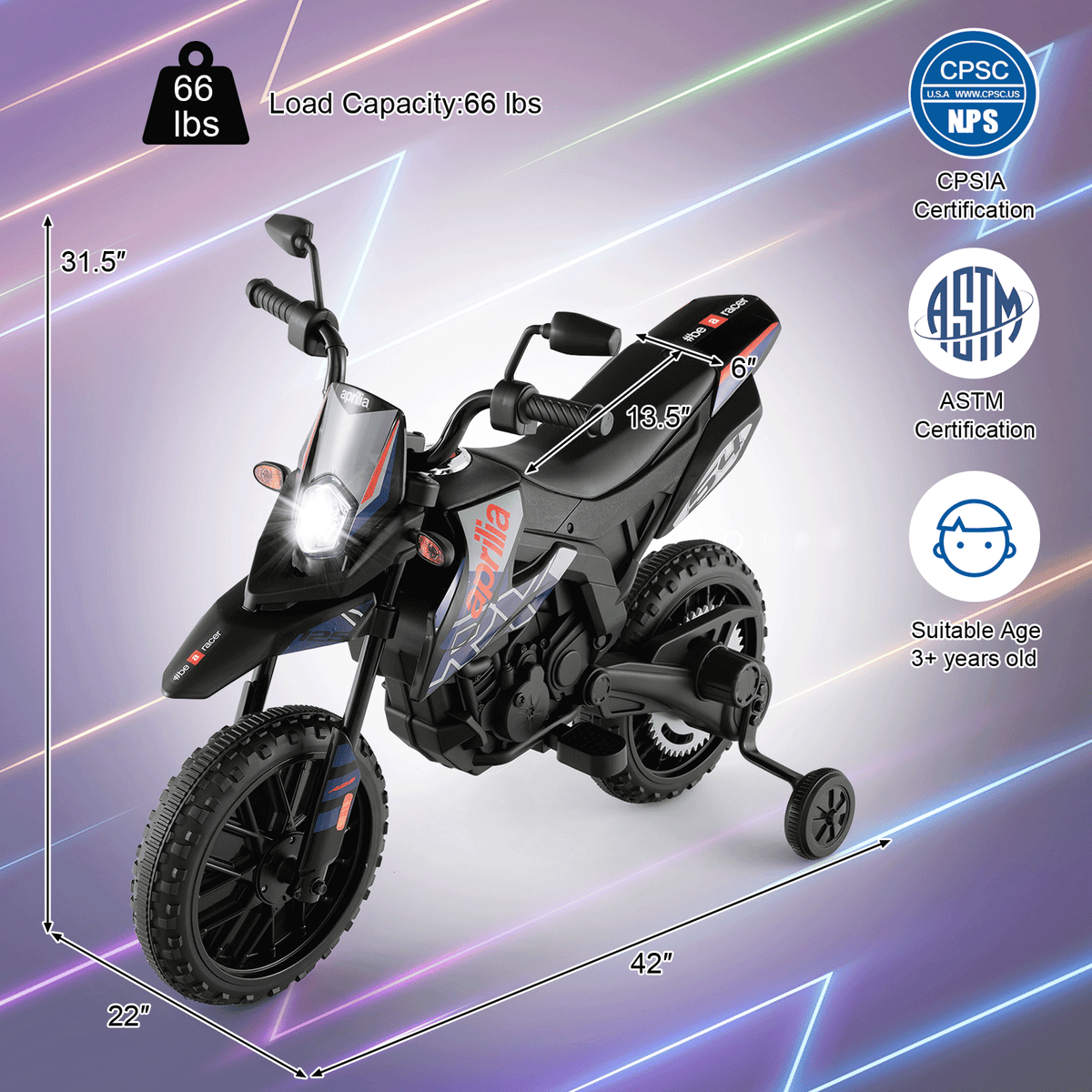 Aprilia Licensed Kids Ride On Motorcycle with 2 Training Wheels-Navy