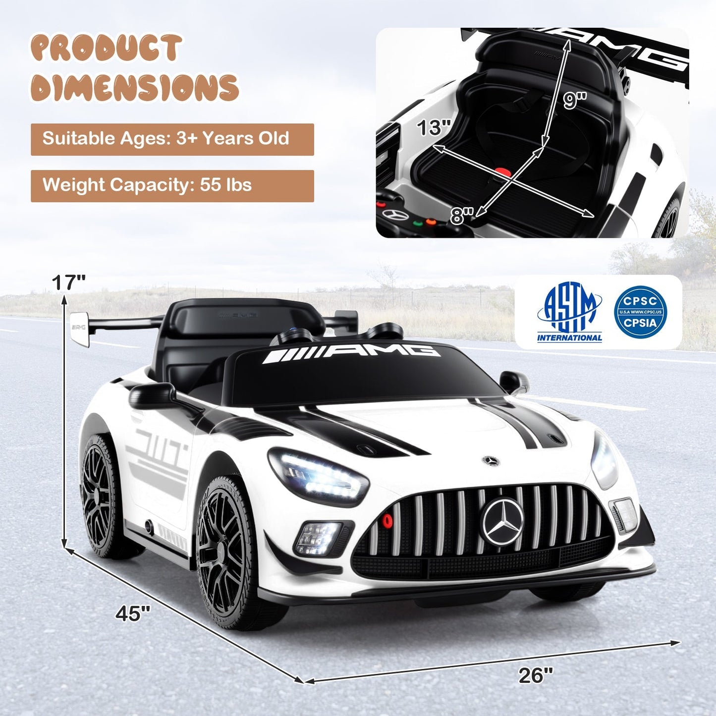 12V Kids Ride-On Car Mercedes-AMG GT3 Licensed with Adjustable Speed