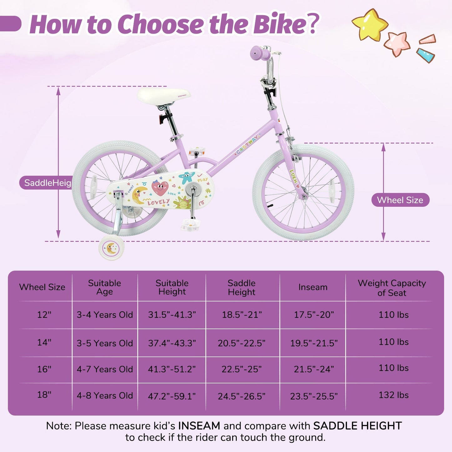 Kids Bike 12-18 Inch with Training Wheels - Purple