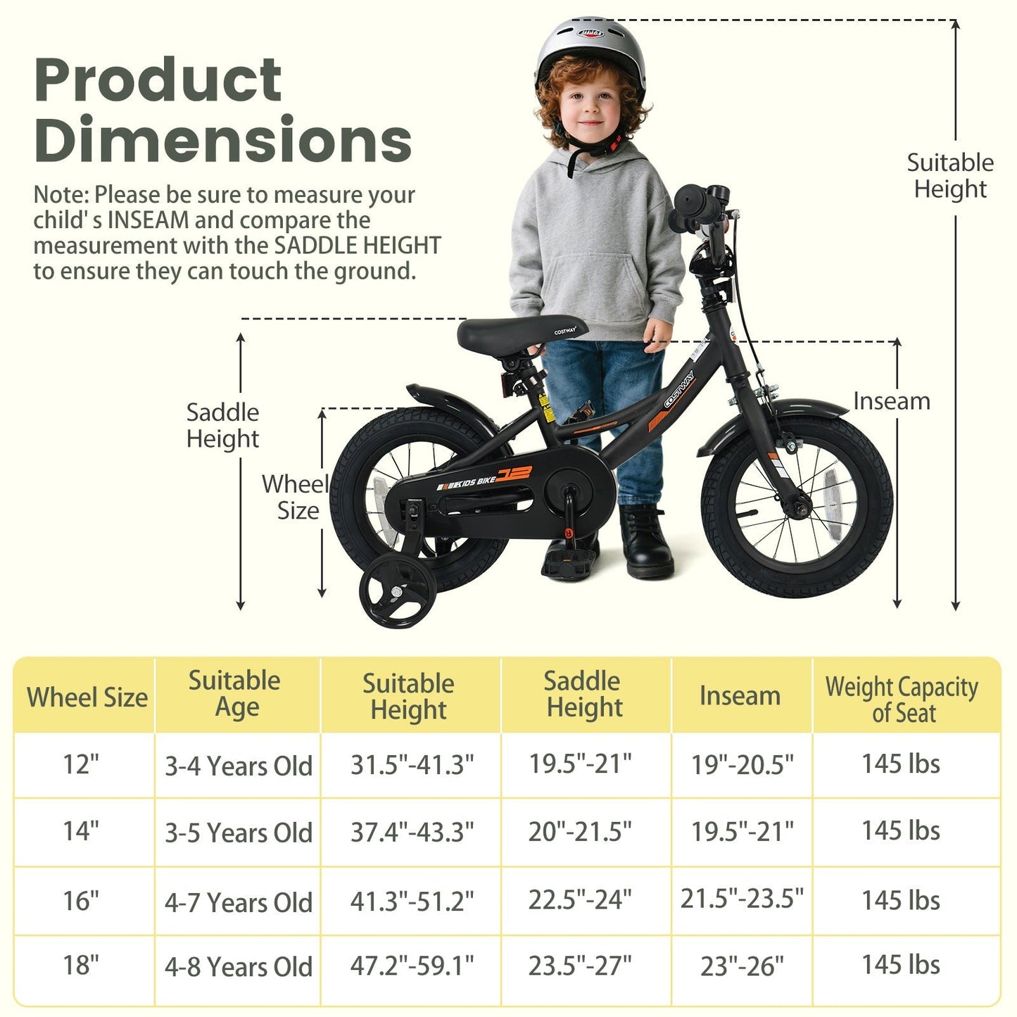12/14/16/18 Inches Kids Bike with Removable Training Wheels and Adjustable Seatfor 3-8 Years Old Black