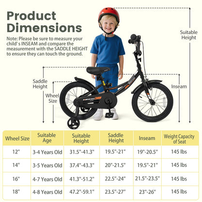 12/14/16/18 Inches Kids Bike with Removable Training Wheels and Adjustable Seatfor 3-8 Years Old Black