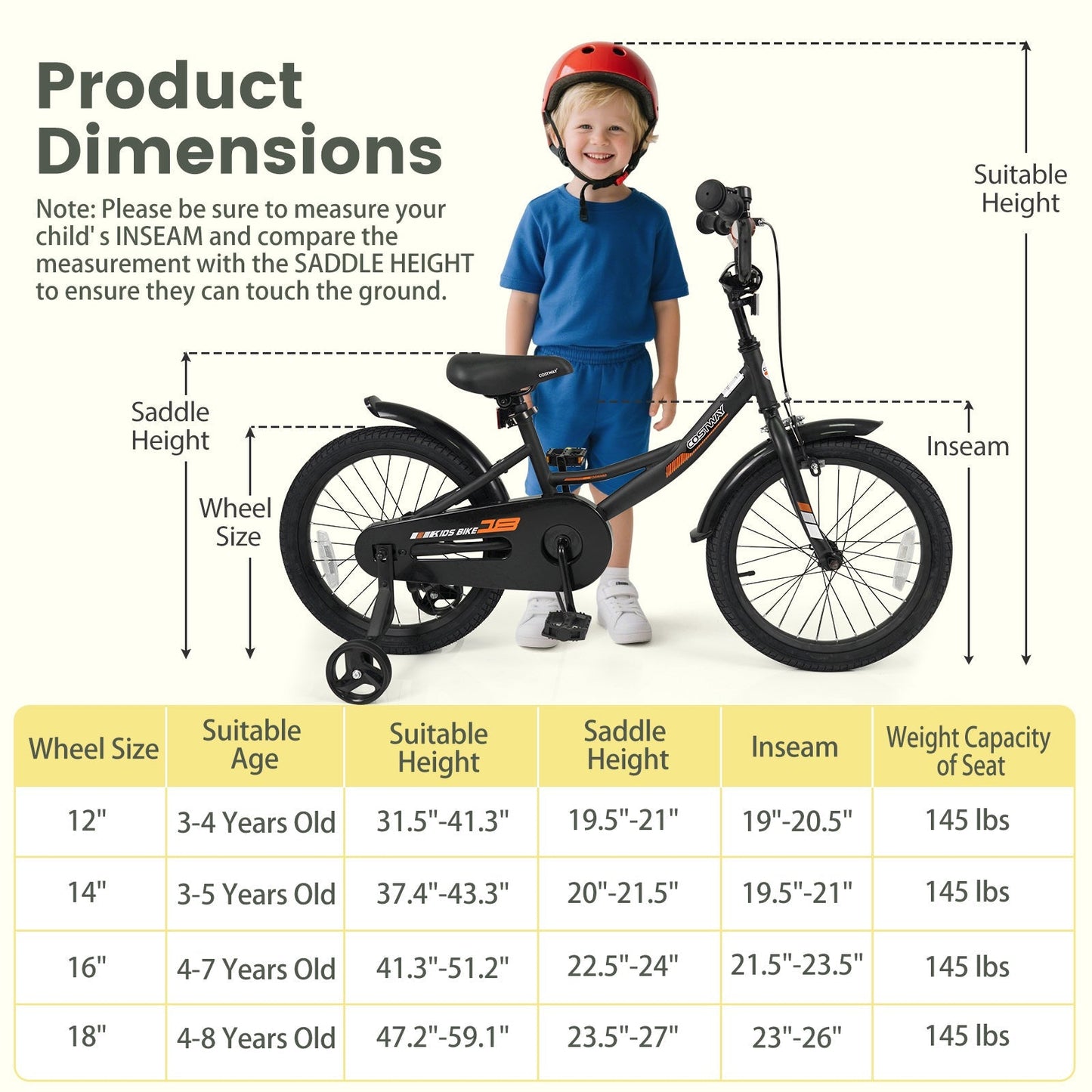 12/14/16/18 Inches Kids Bike with Removable Training Wheels and Adjustable Seatfor 3-8 Years Old Black