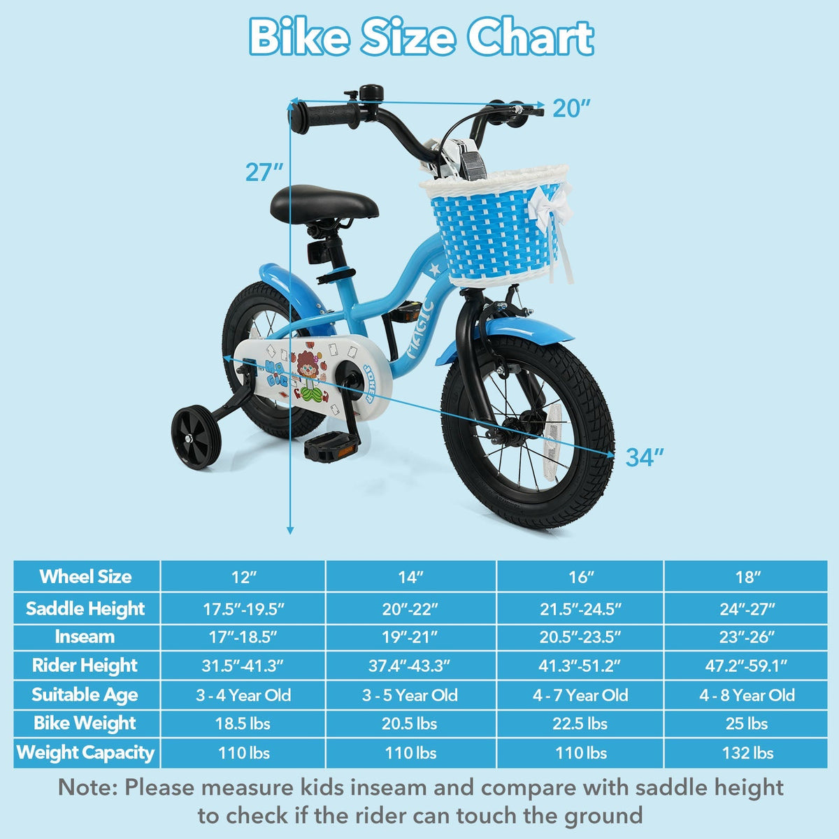 12/14/16 Inch Kids Bike with Training Wheels and Basket Navy Color