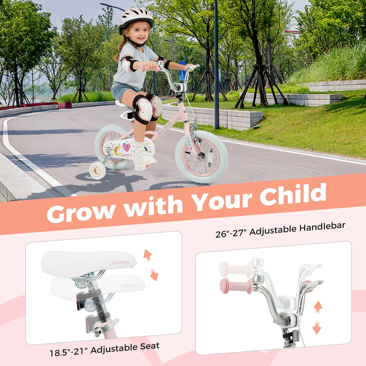 Kids Bike 12-18 Inch with Training Wheels - Pink Stars & Moon