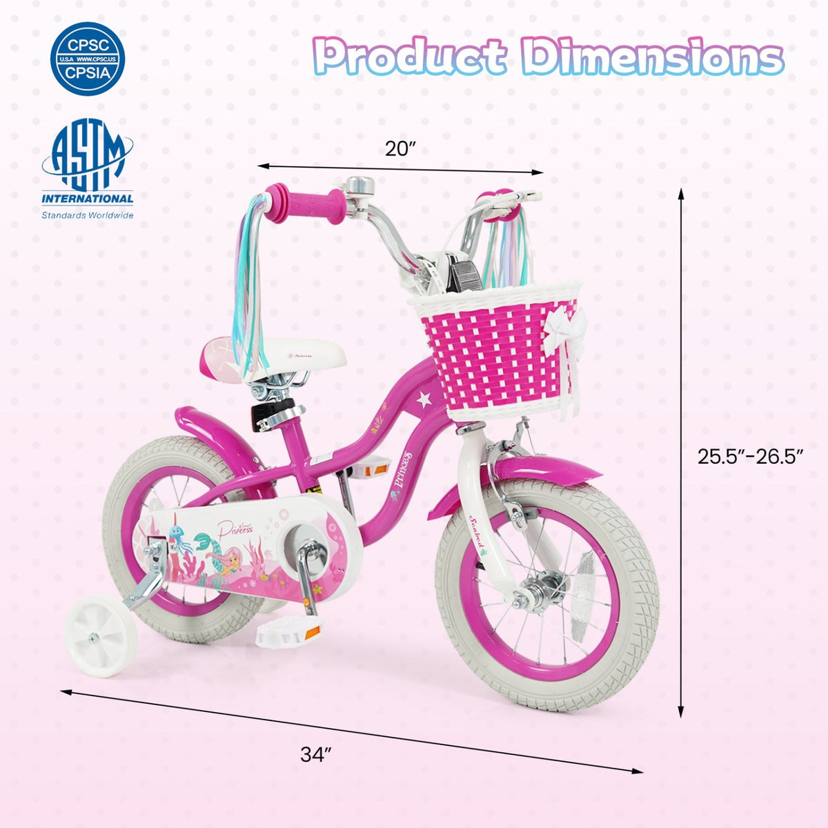 Kids Bike 18-Inch with Training Wheels and Basket Rose Red