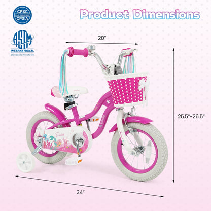 Kids Bike 18-Inch with Training Wheels and Basket Rose Red