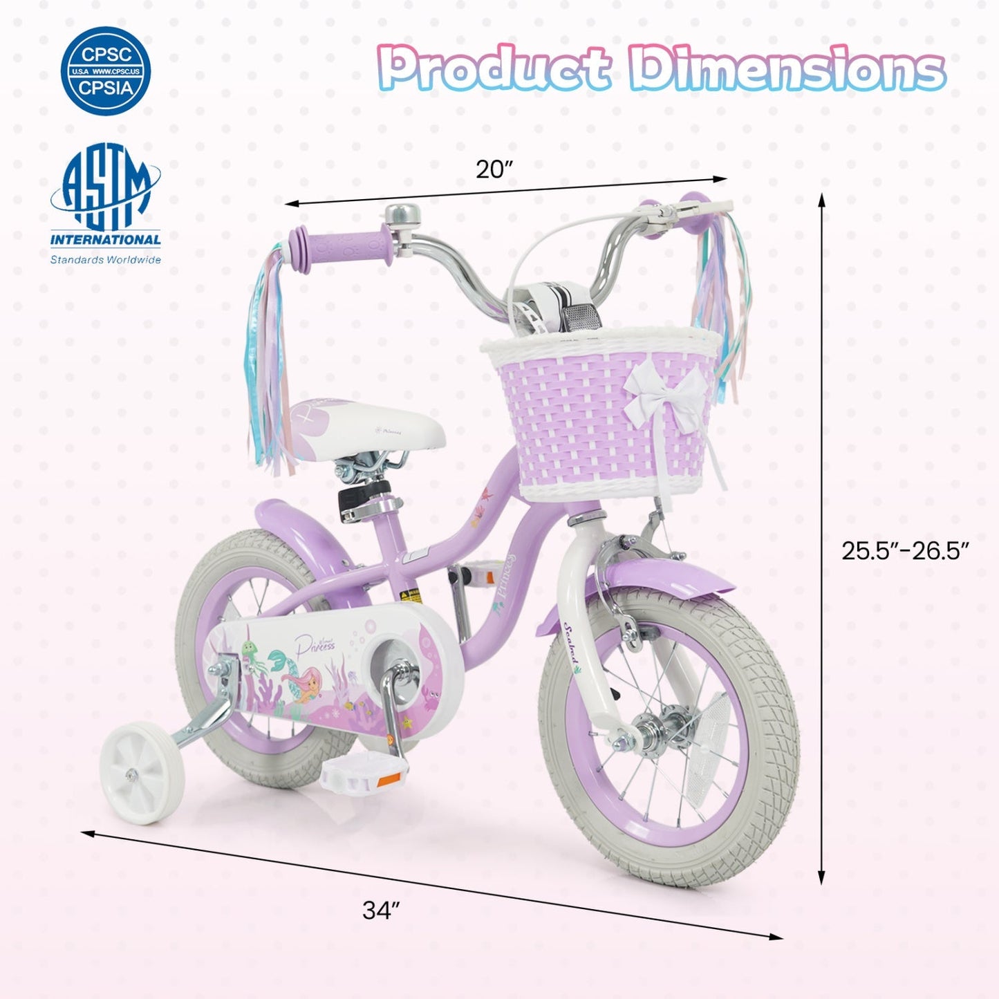 Kids Bike 12-20 Inch with Training Wheels & Basket Purple