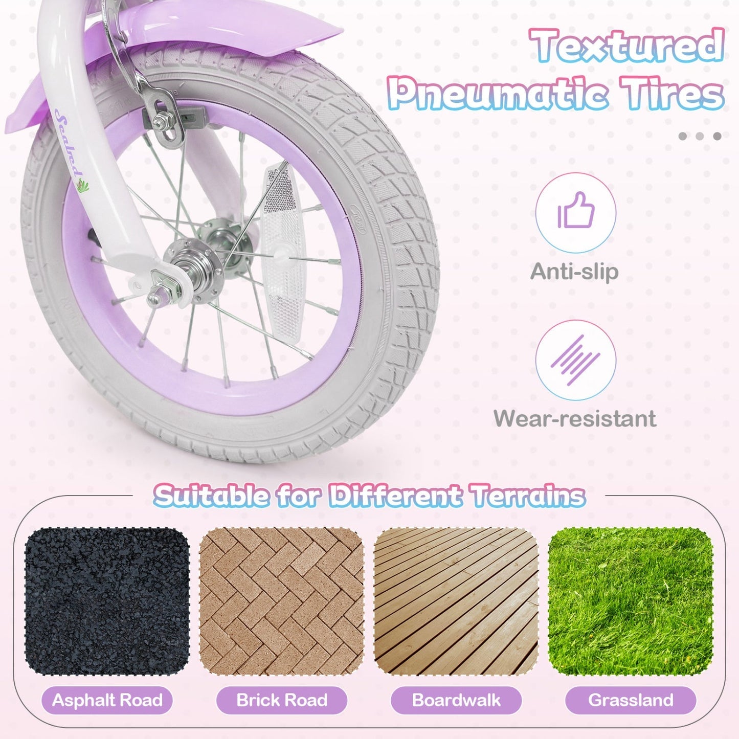 Kids Bike 12-20 Inch with Training Wheels & Basket Purple