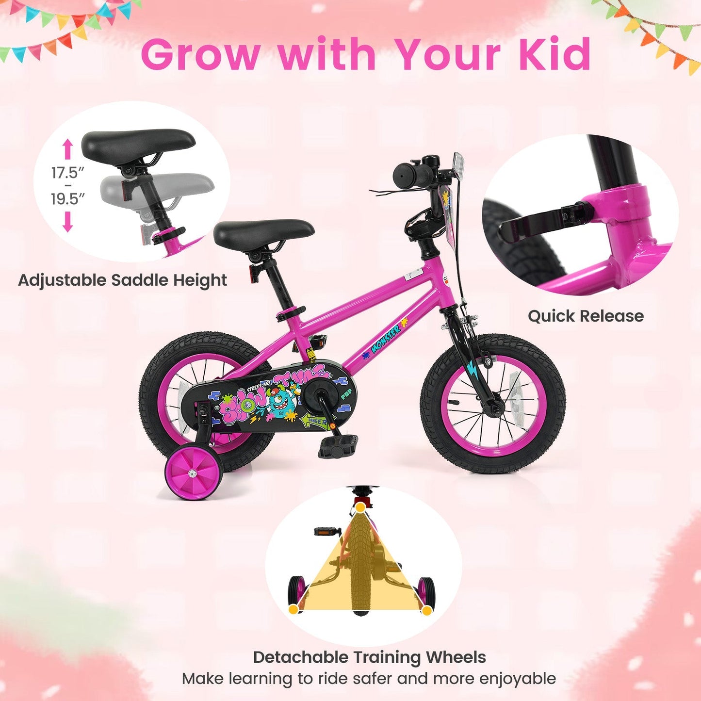 Kids Bike with Training Wheels 12-18 Inch Pink