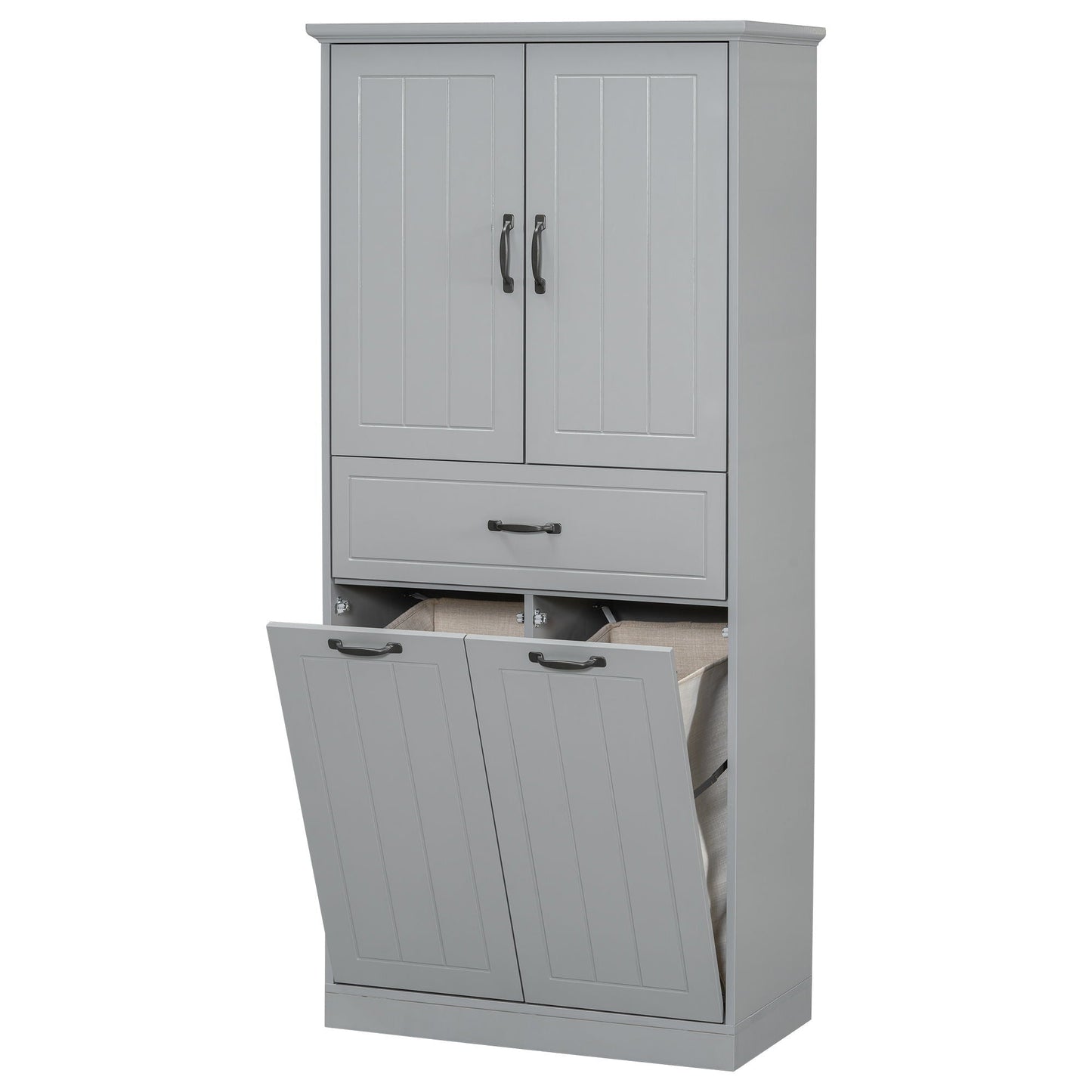Modern Bathroom Storage Cabinet with Two Laundry Baskets, One Drawer, Adjustable Shelf