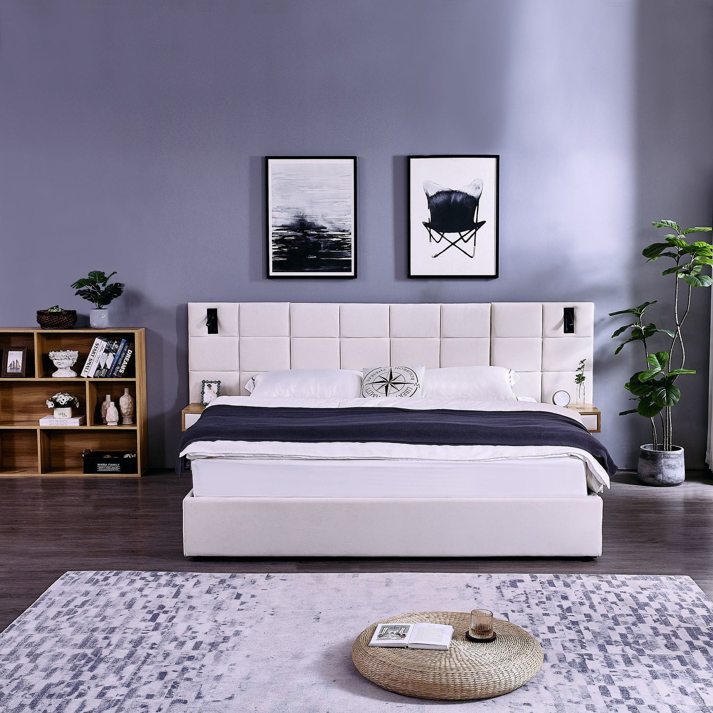 Upholstered Hydraulic Platform Bed With Storage Shelves, Reading Lamps, USB Port