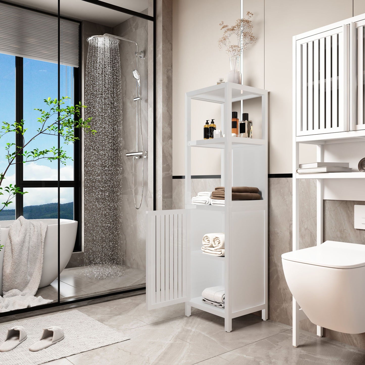 Storage Cabinet With Tall Tower, Multifunctional For Bathroom