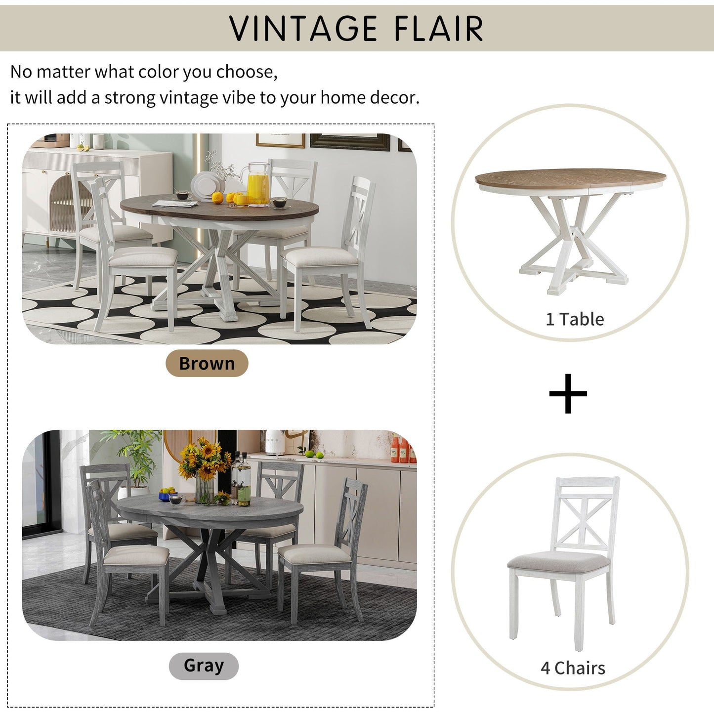 Dining Set With Extendable Round Table And 4 Upholstered Chairs