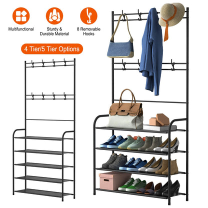 Entryway Coat Hat Rack Shoe Storage Shelf 5 Tier Shoe Rack Freestanding Hall Tree Garment Hanger Stand Clothes Shoe Organizer Combo