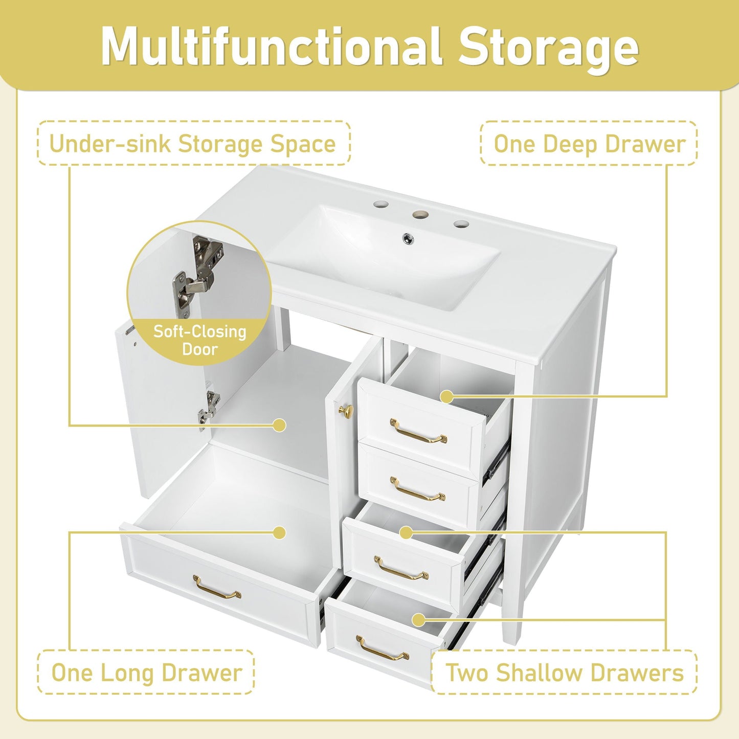Elegant Vintage Bathroom Vanity With Sink and Soft Closing Drawers