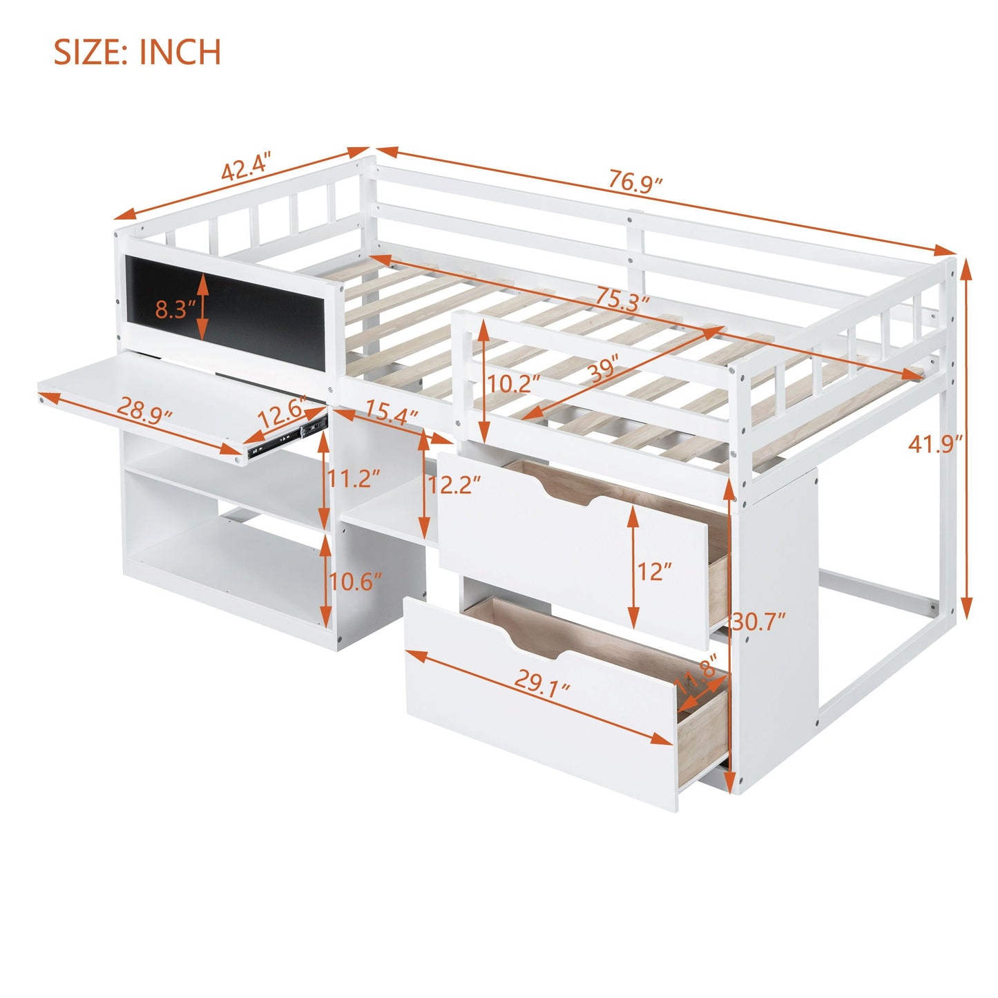 Low Loft Bed With Rolling Desk, Shelf And Drawers