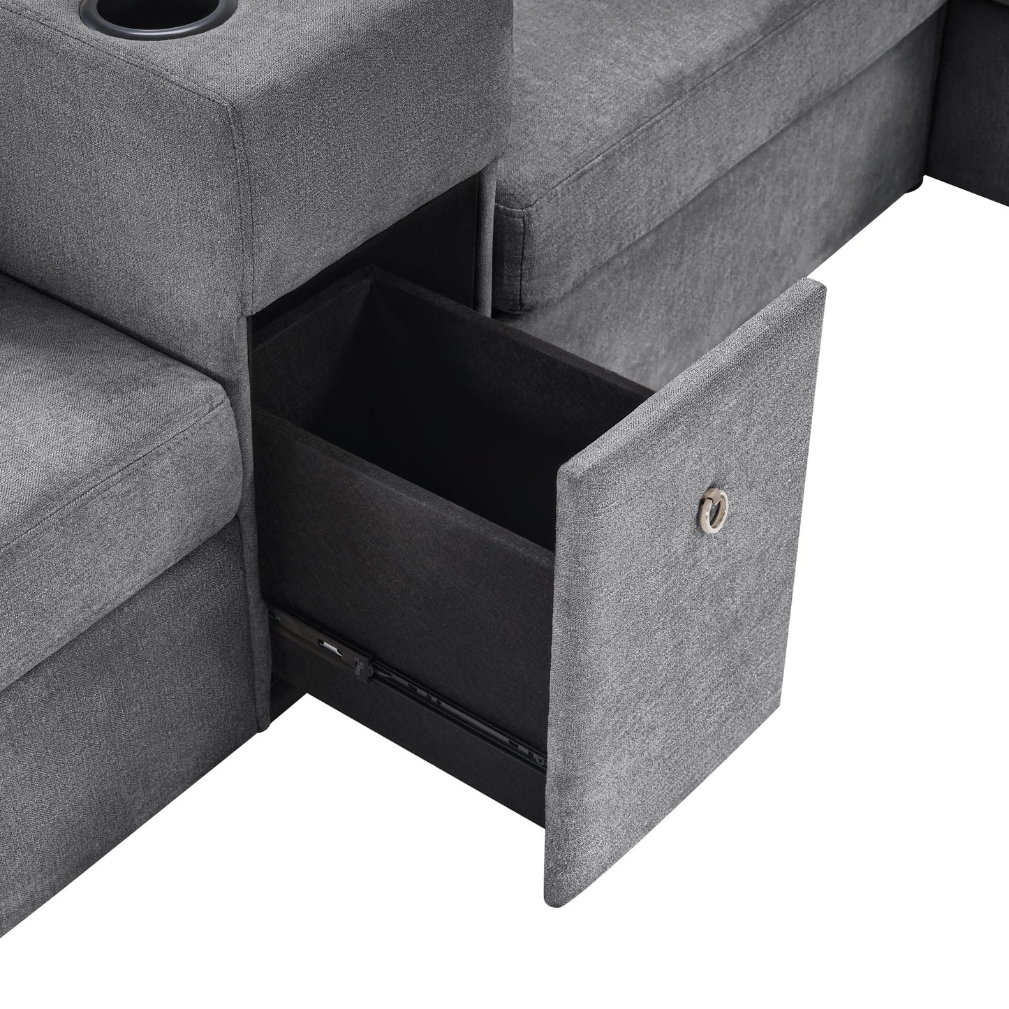 Modular 5 Seat U-Shape Sectional Sofa With Chaise Lounge, Built In Cup Holders And Storage Drawer