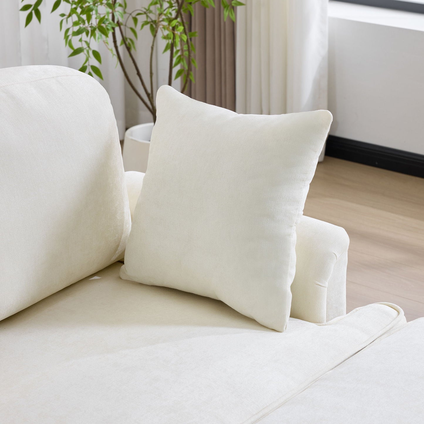 L-Shaped Sectional Sofa With Removable Ruffled Skirt, Flared Arms, Ottoman - White
