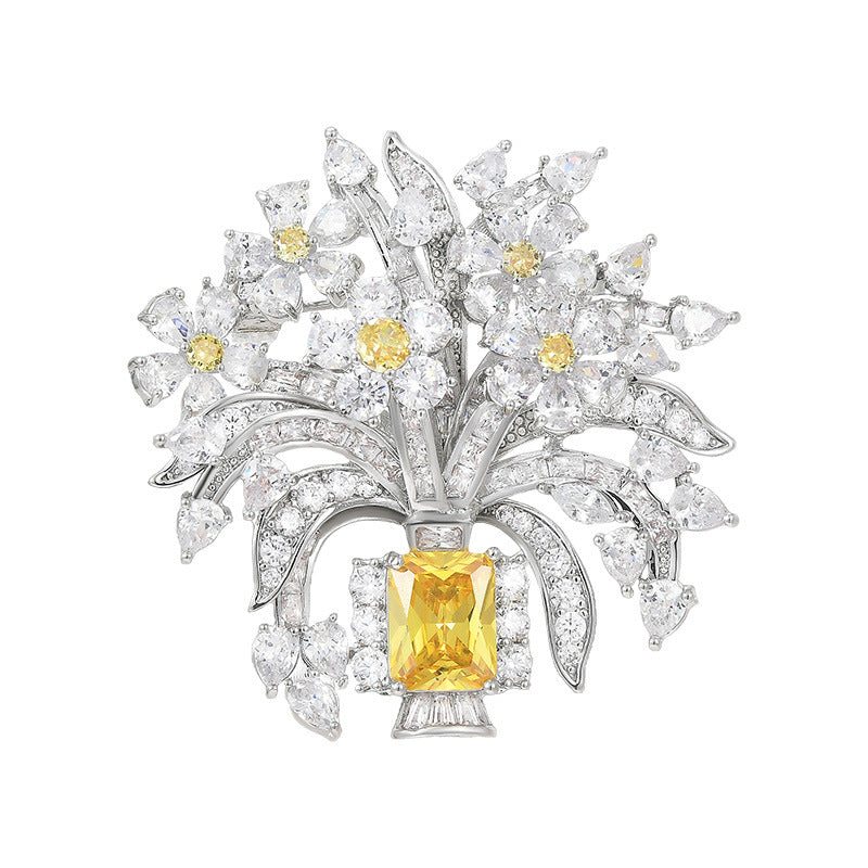 Exquisite Floral Basket Yellow-diamond Brooch Niche Design Statement Corsage