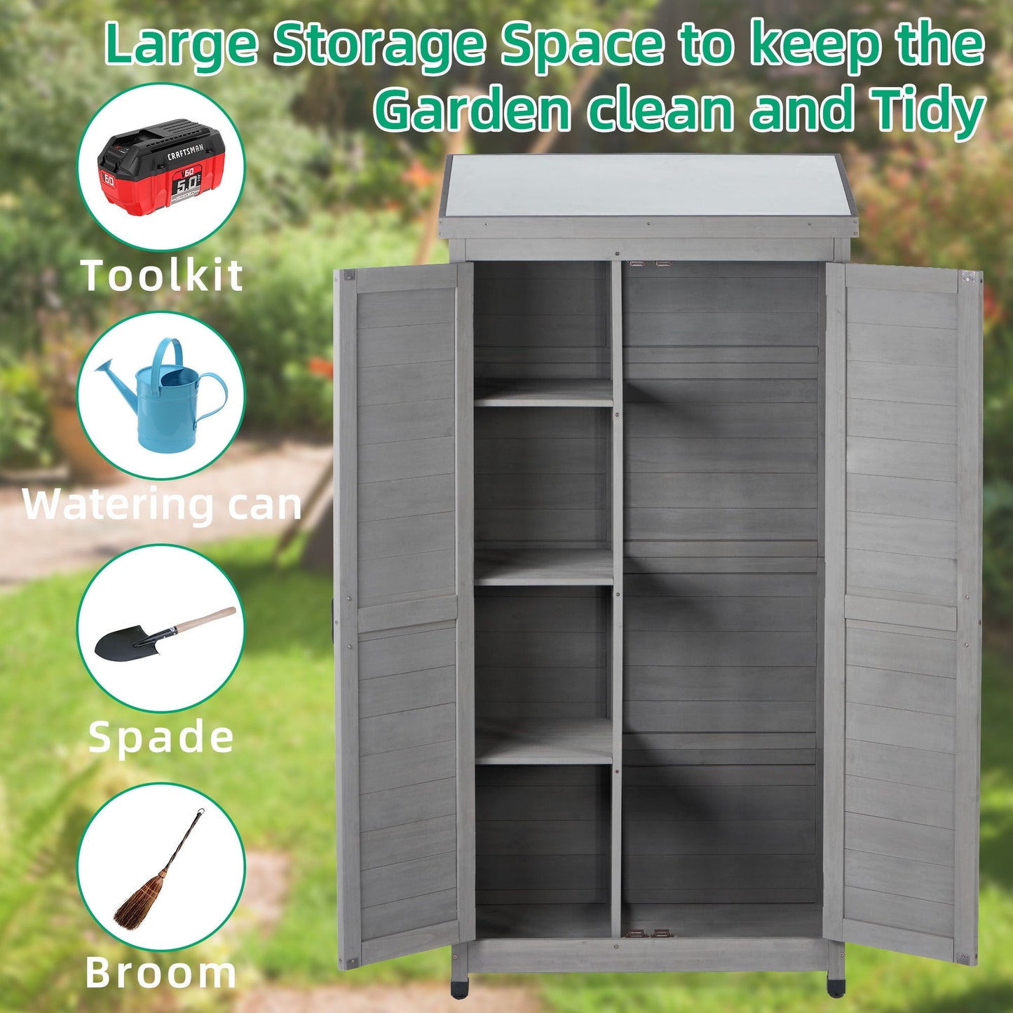 Wood Outdoor Storage Cabinet With Metal Top Garden Shed For Yard And Patio - Gray