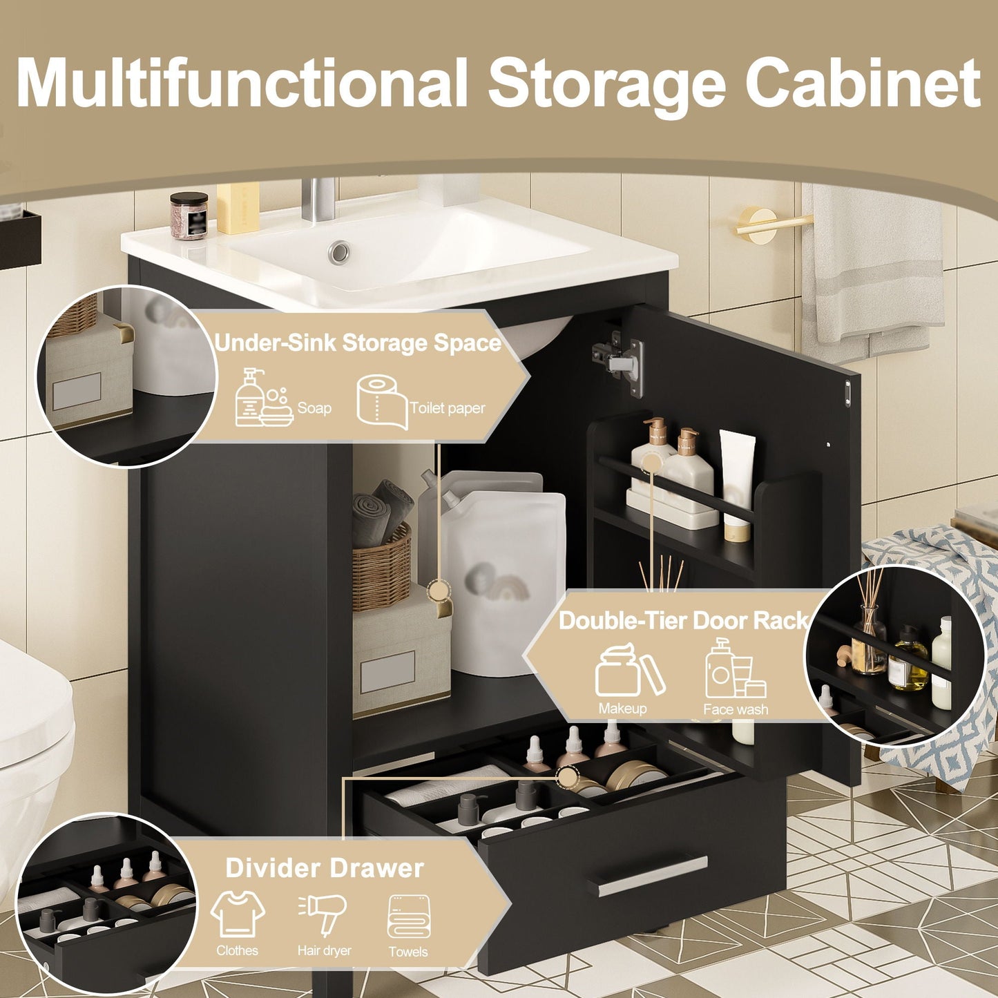 Bathroom Vanity With Ceramic Sink, Soft Close Drawers, Door Organizer, Divider Drawer, Adjustable Foot Pads