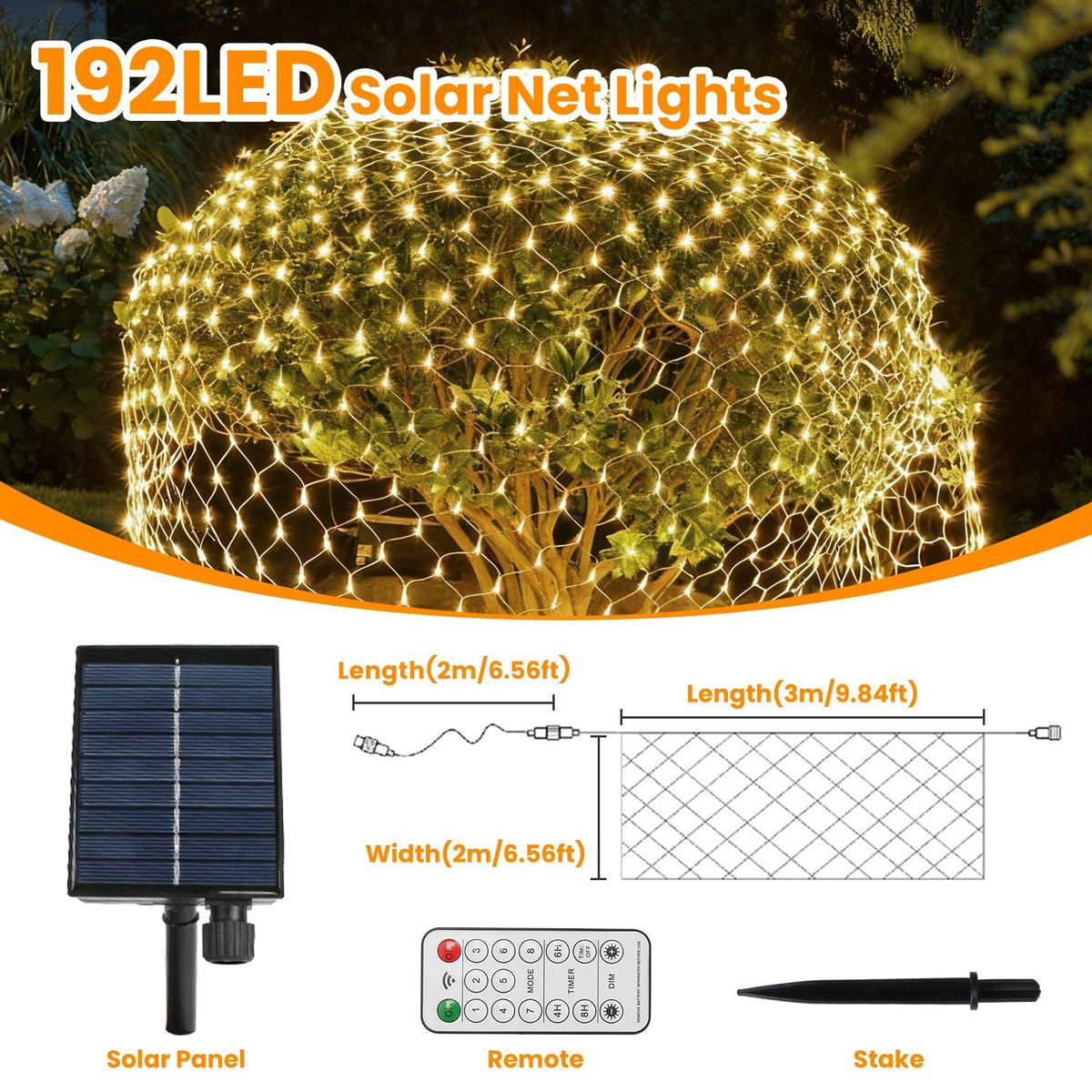 9.8x6.6FT 192LED Solar Net Lights with 8 Modes & Remote Timer