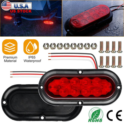2Pcs Oval LED Brake Light 10LEDs Lamp Stop Turn Tail Light IP65 Waterproof Oval Red Trailer Tail Light for Trunk Jeep RV etc.