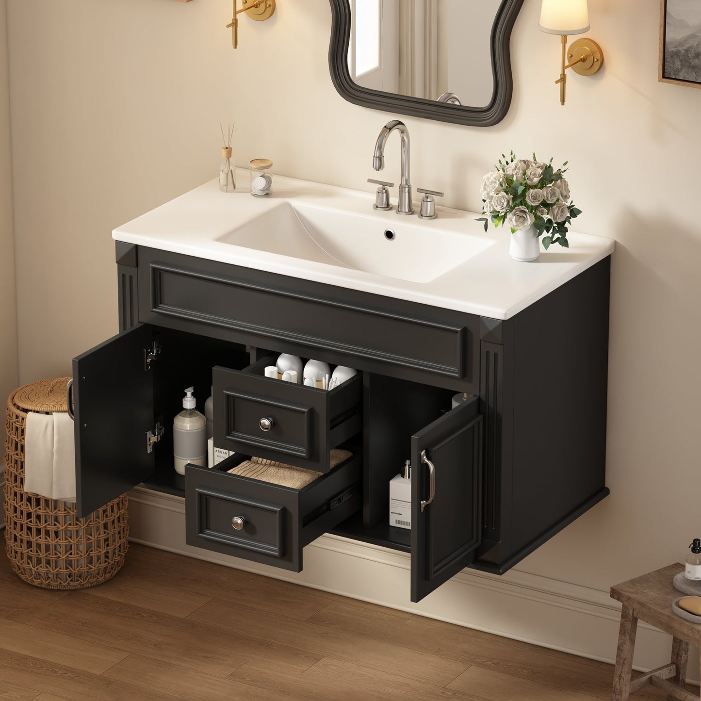 36 Inch Wall Mounted Bathroom Cabinet with Ceramic Sink and Drawers