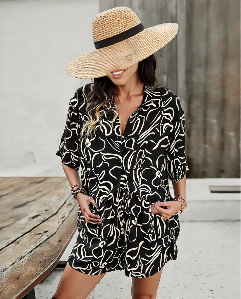 2Pcs Women's Casual Printed Summer Suit - Short-Sleeved Shirt & Drawstring Shorts Set
