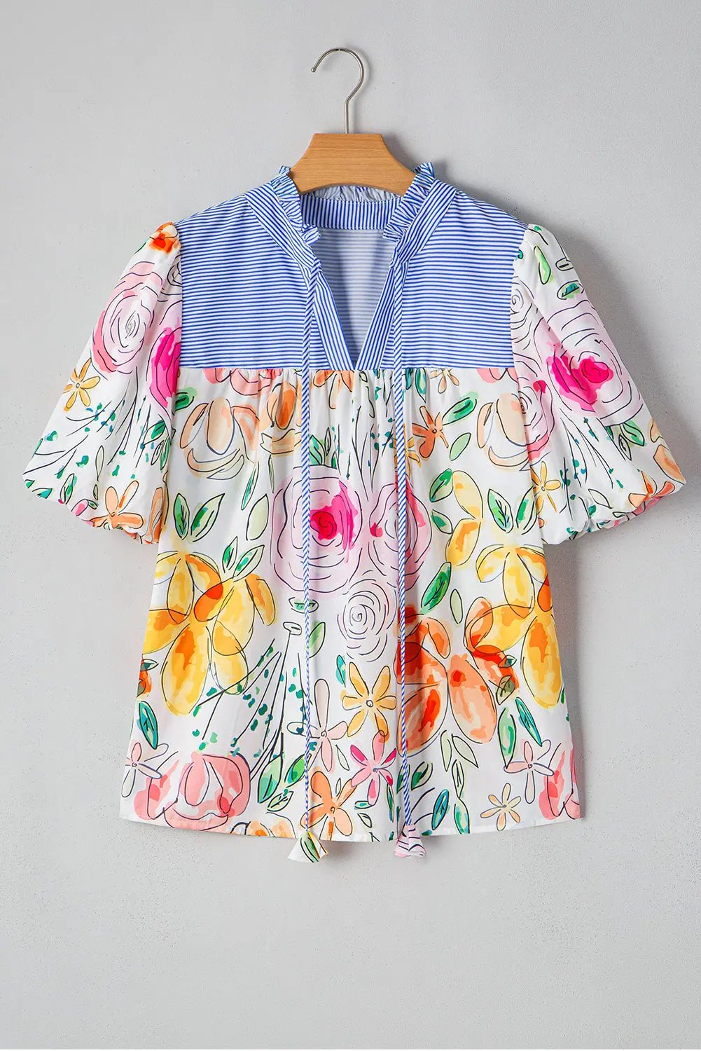 Blouse - Floral Stripe Puff Sleeve Frill Neck - Daily Wear