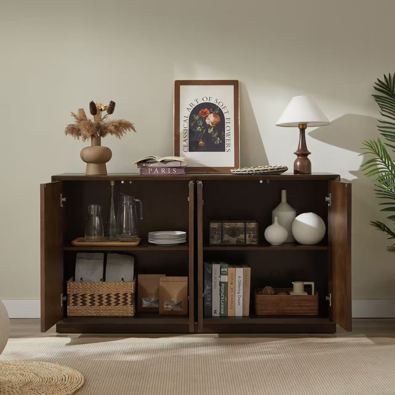 4 Door Accent Cabinet with Solid Wood Carved Doors