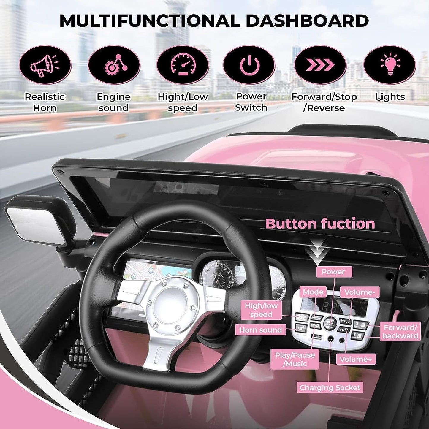 Electric Ride-On Car for Kids with Bluetooth and Music Player - 3 Speed Options