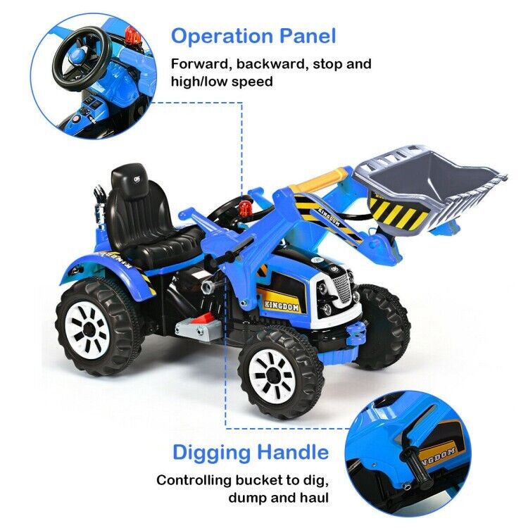 12V Battery Powered Kids Excavator Truck with Front Loader Digger - Blue