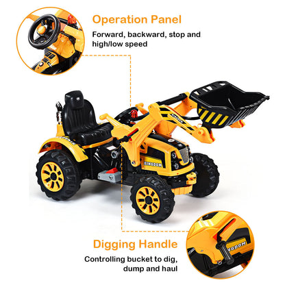 12V Battery-Powered Kids Excavator Truck with Front Loader Digger in Yellow